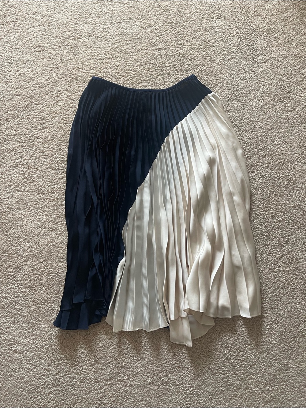 Theory Navy and Cream Asymmetric Pleated Midi Skirt